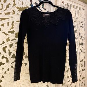 Cute Holiday Party Sweater with Black Floral Lace and glitter  Medium-Small